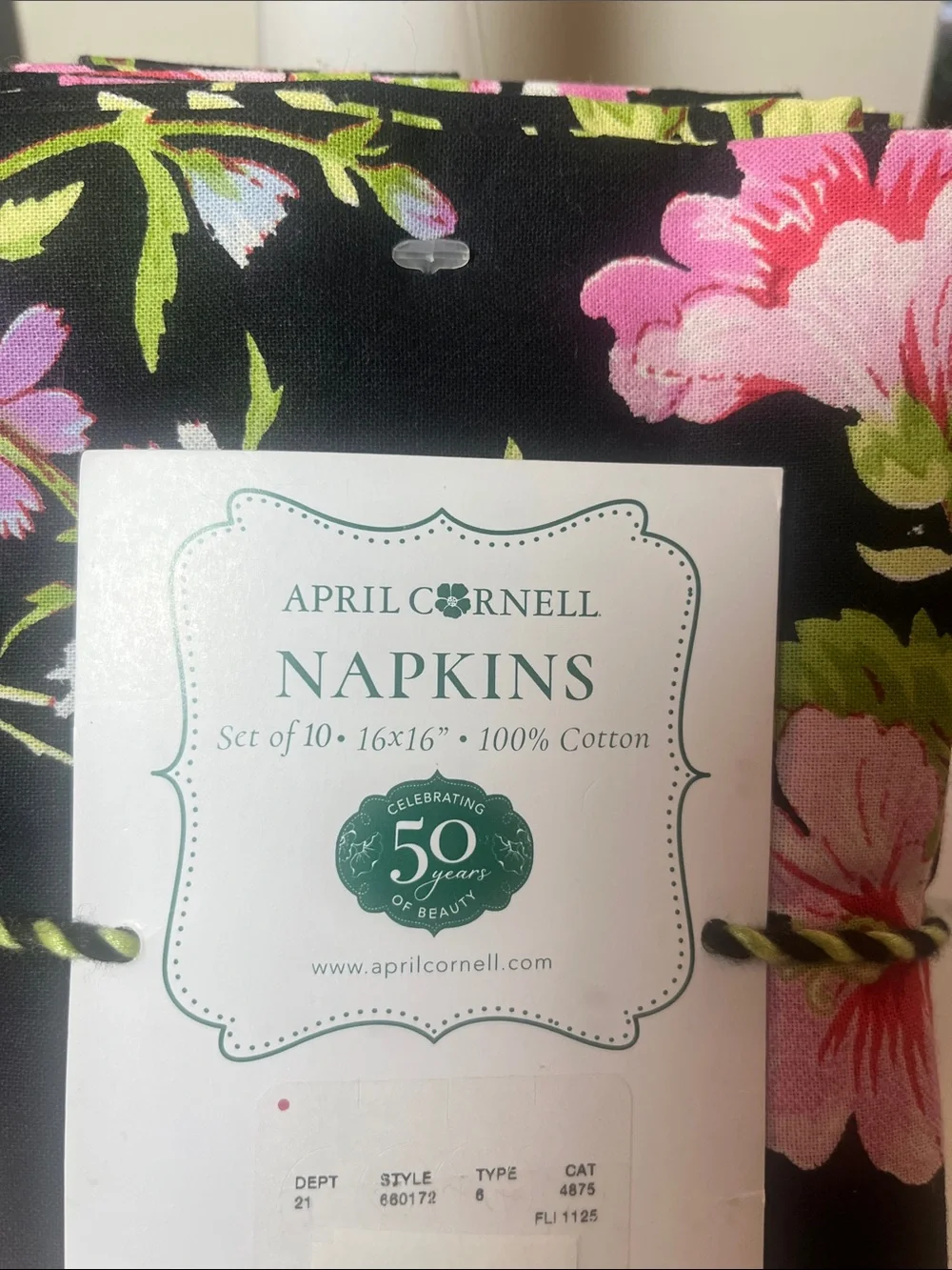 April Cornell Freesia Floral Napkins  Set of 10  Black Pink Green Cottage NWT